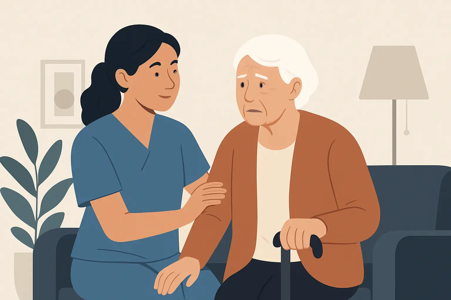 Caregiver providing calm, reassuring memory support to an older adult