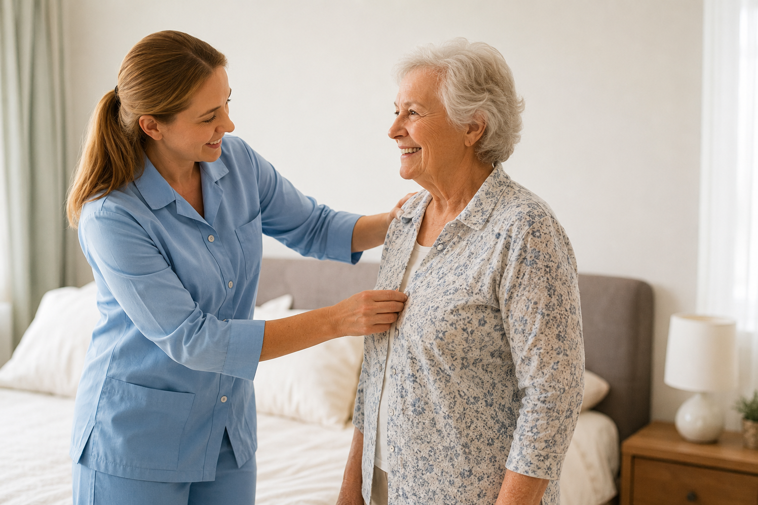 Caregiver helping an older woman get dressed at home