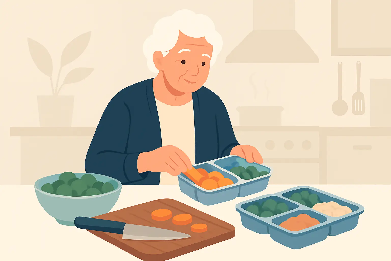 Caregiver preparing a nutritious meal for an older adult