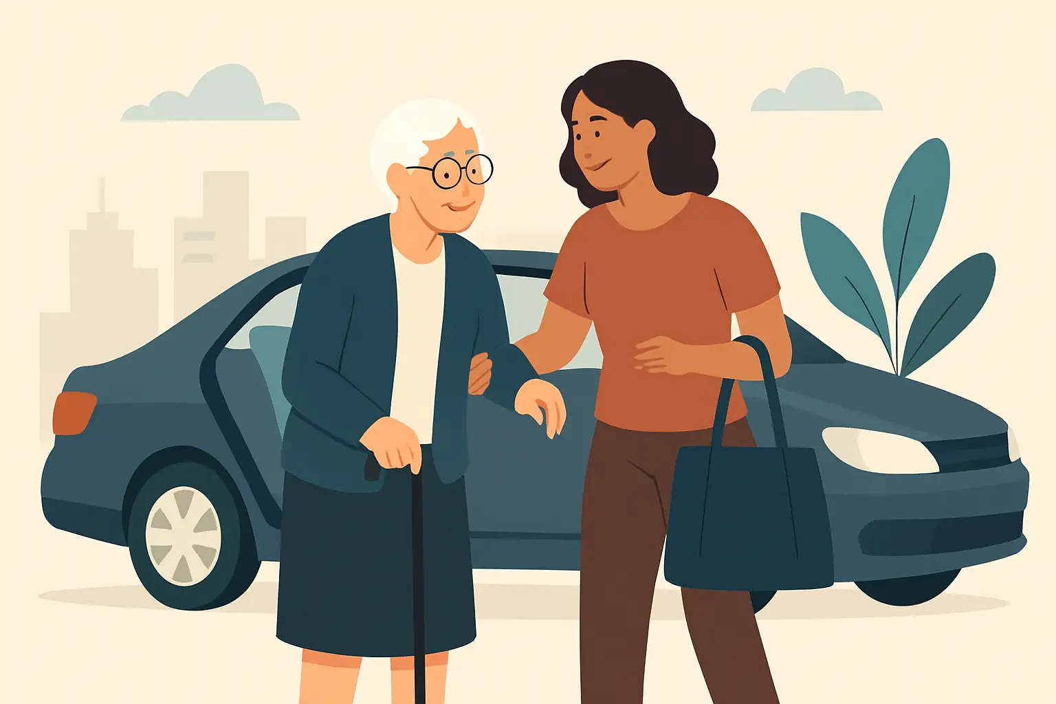 Caregiver providing safe transportation and errand support for a senior
